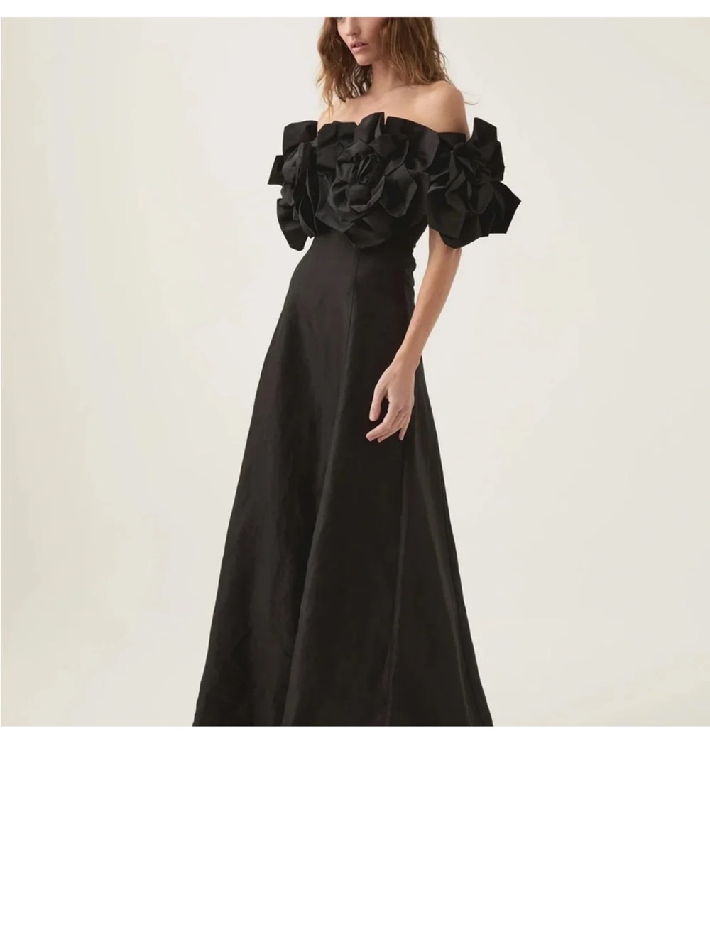 Aje Black Off-Shoulder Maxi Gown with Oversized Floral Appliqué